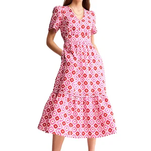 Vibrant Style Side Pocket Smocked Back Waist Midi Dress With Retro Floral Print Tiered Hem Slim Fit Women's Dresses