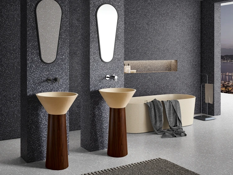 Bathroom Sink Stand Alone Cream Artificial Stone Wash Basin with Wood Grain Stainless Steel Pedestal Freestanding Wash Basin