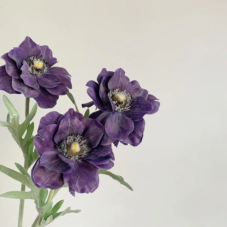 High Quality Artificial Silk Anemone White Flower Poppy Flocked Stem