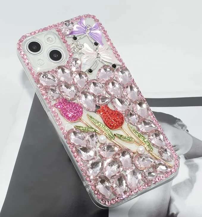 Laudtec Luxury Bling Diamond Rhinestone Gemstone Rose Flower Gemstone Case For iPhone 16 Pro Flexible Shockproof Protective Case