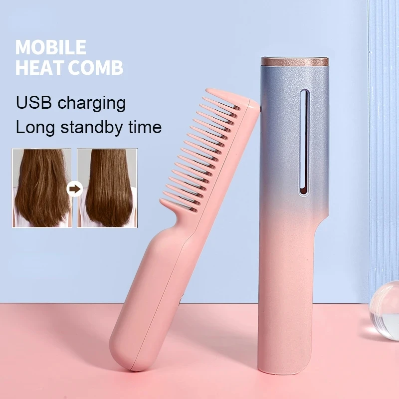 Wireless Hair Straightener Heating Brush Hot Comb Usb Rechargeable Hair