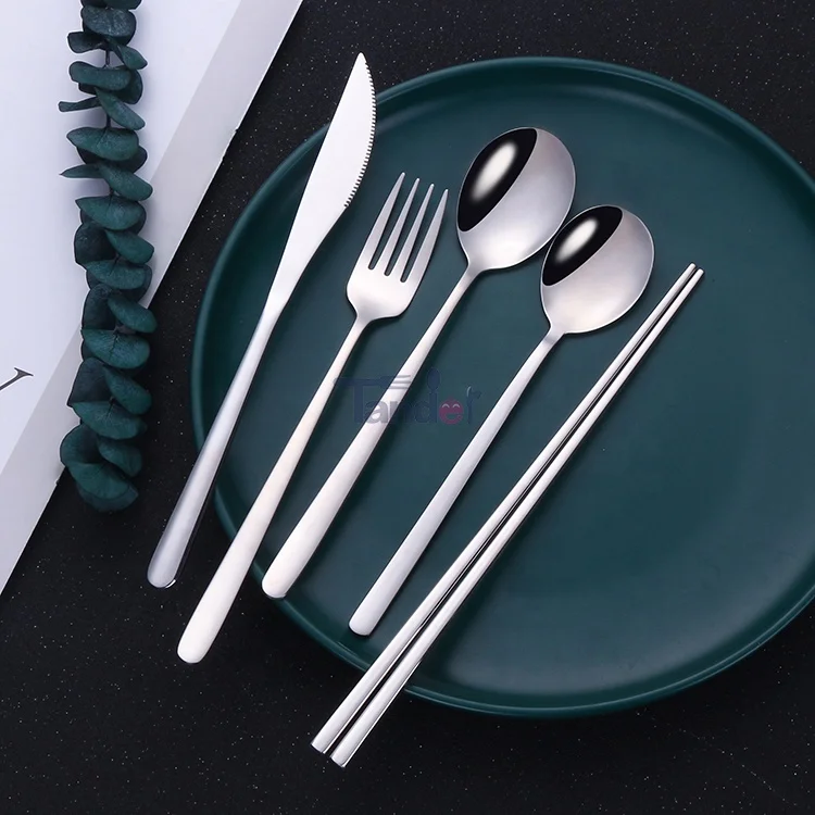Набор серебряных ложек и вилок в Корейском стиле, набор столовых приборов из нержавеющей стали с палочками