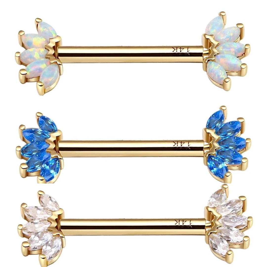 14k Solid Gold Threadless Nipple Marquise Cz Or Opal Jewelry Piercing