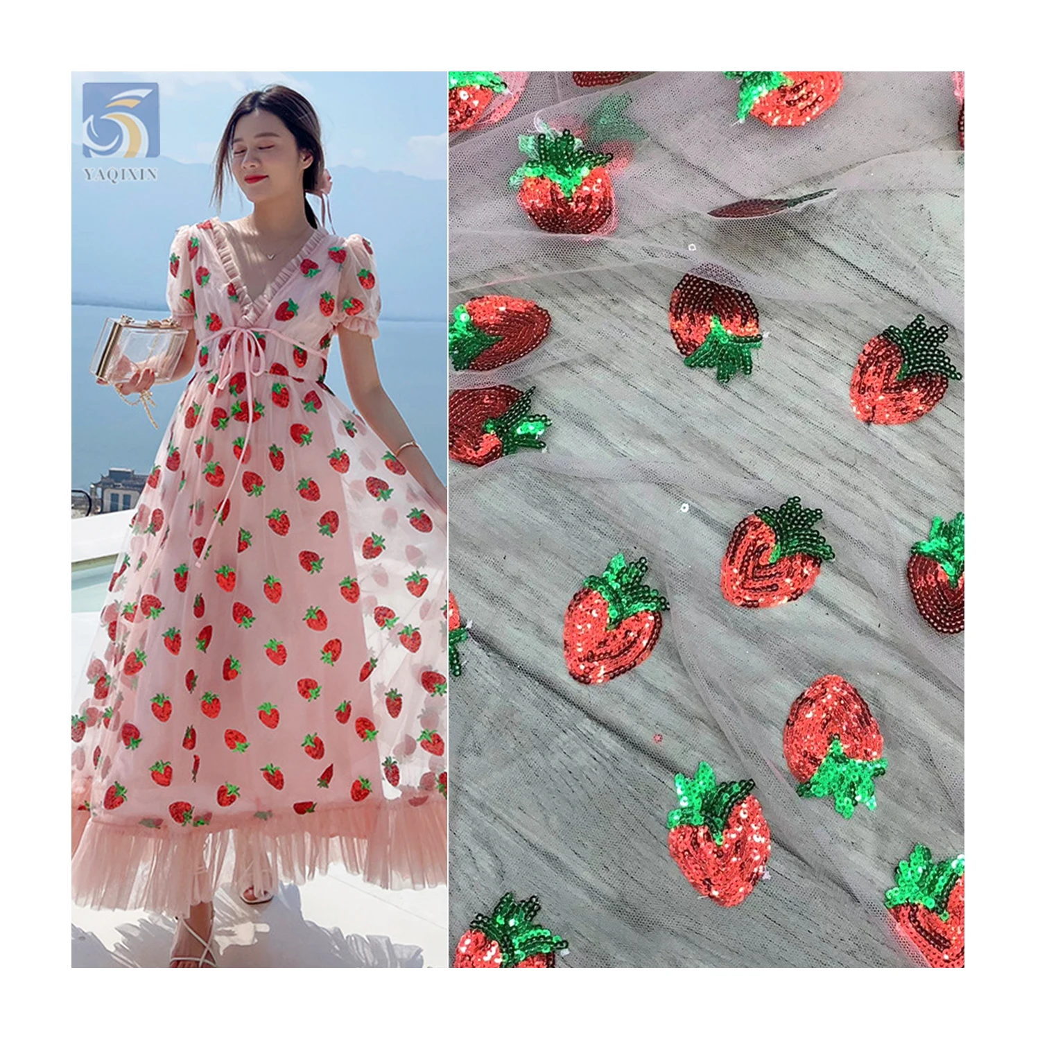Lovely Strawberry Embroidery Tulle Fabric Sequin Tulle Strawberry Sequin  Embroidered Mesh Fabric