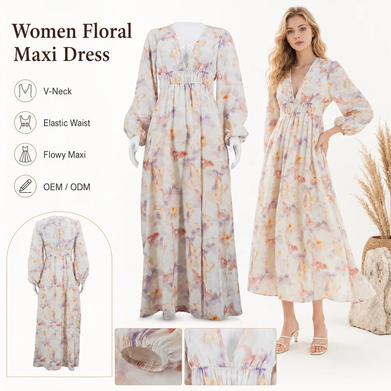 Women's Long Blouson Sleeves Dress with Pleated Waistband V-Neck and Floral Pattern Printed Tied Cuffs Woven Floral Design