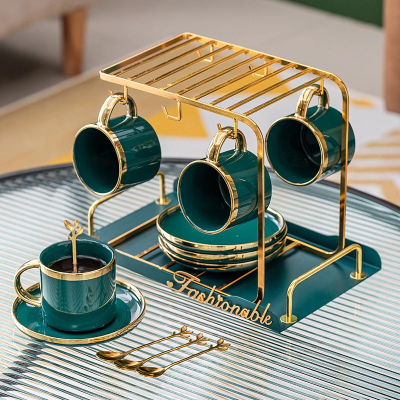 Luxury Drinkware Golden Handle Espresso Coffee Tea Ceramic Cup with Stand