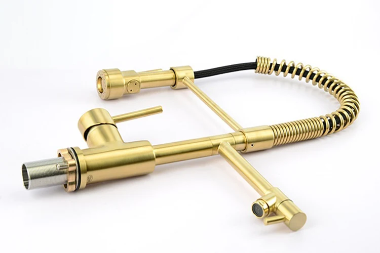 Mezclador de grifo de cocina con resorte semi profesional extraíble de latón negro con caño flexible