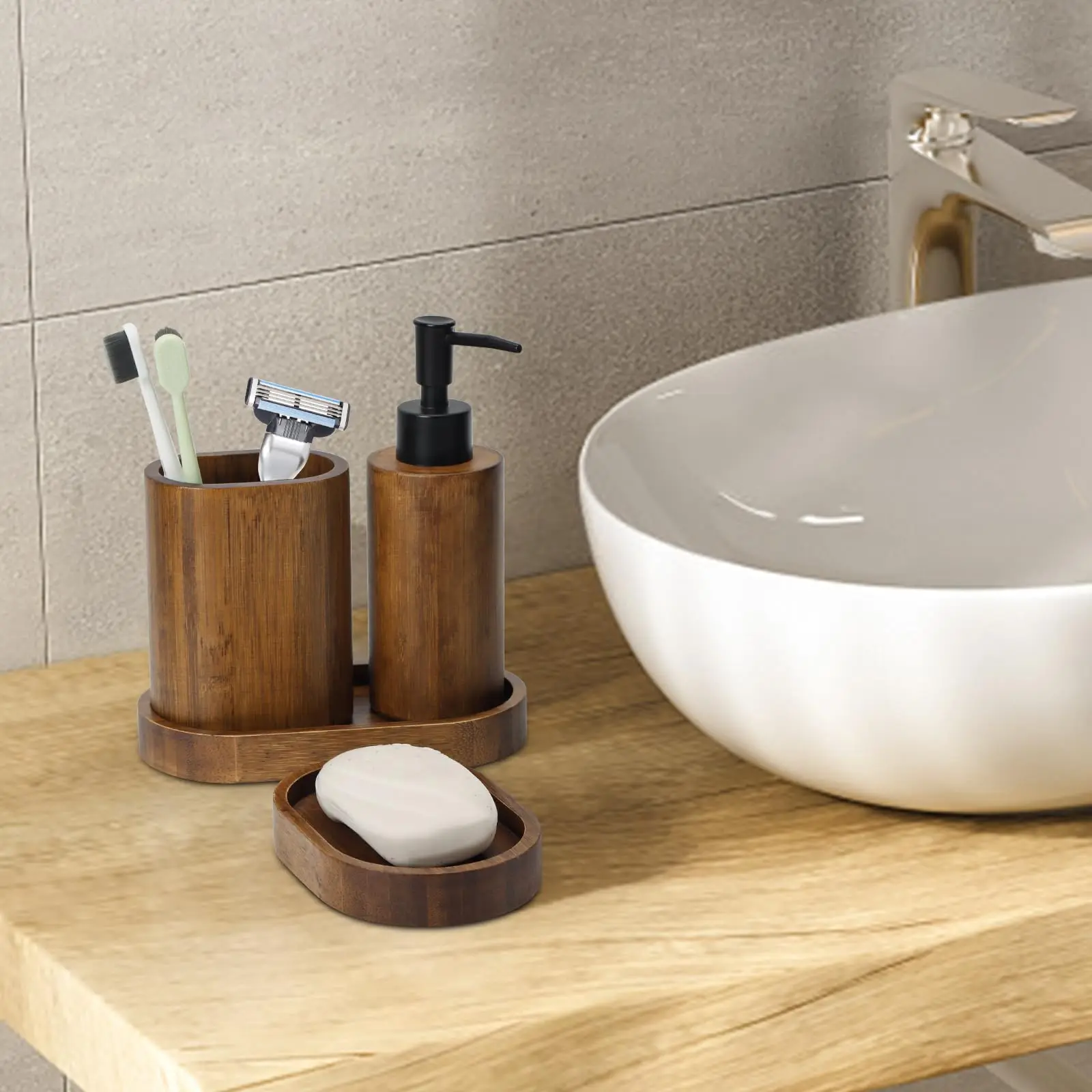 product zc custom village carbonized bamboo soap box soap dispenser holder tray mouthwash cup moisture proof bathroom accessories set-6