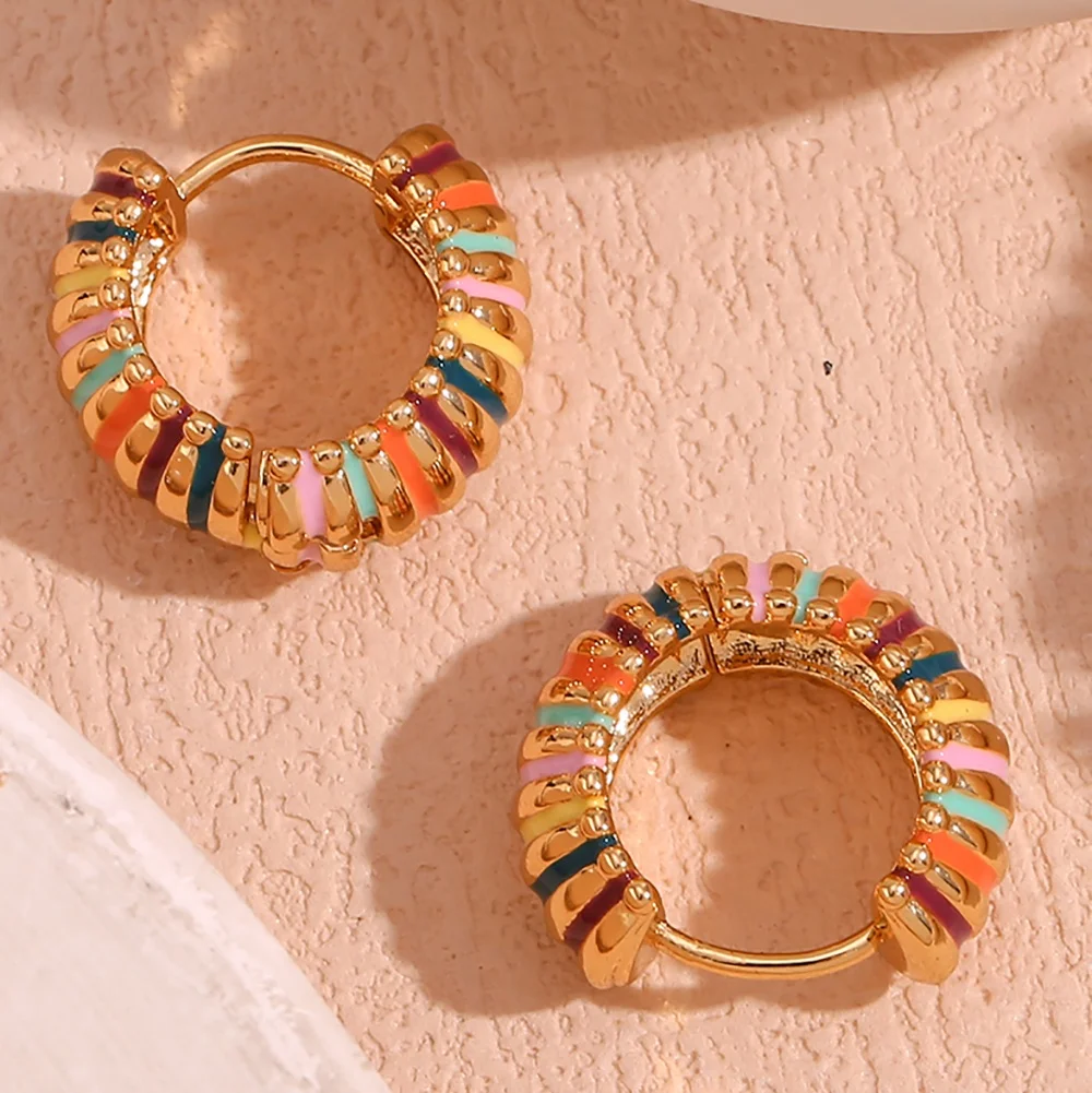 Trendy Jewelry Colorful Enamel Hoop Earring Gold Plated Stainless Steel Fashion Huggies