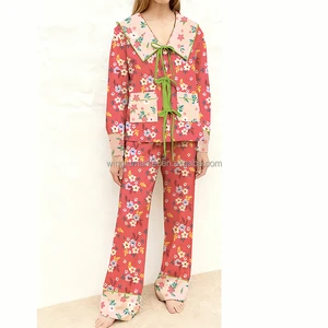 Pink Soft Breathable Loose Long Sleeve Collar Shirt Bow Tie Pocket Top Pants Floral Printed Comfortable Home Pajama Set Women