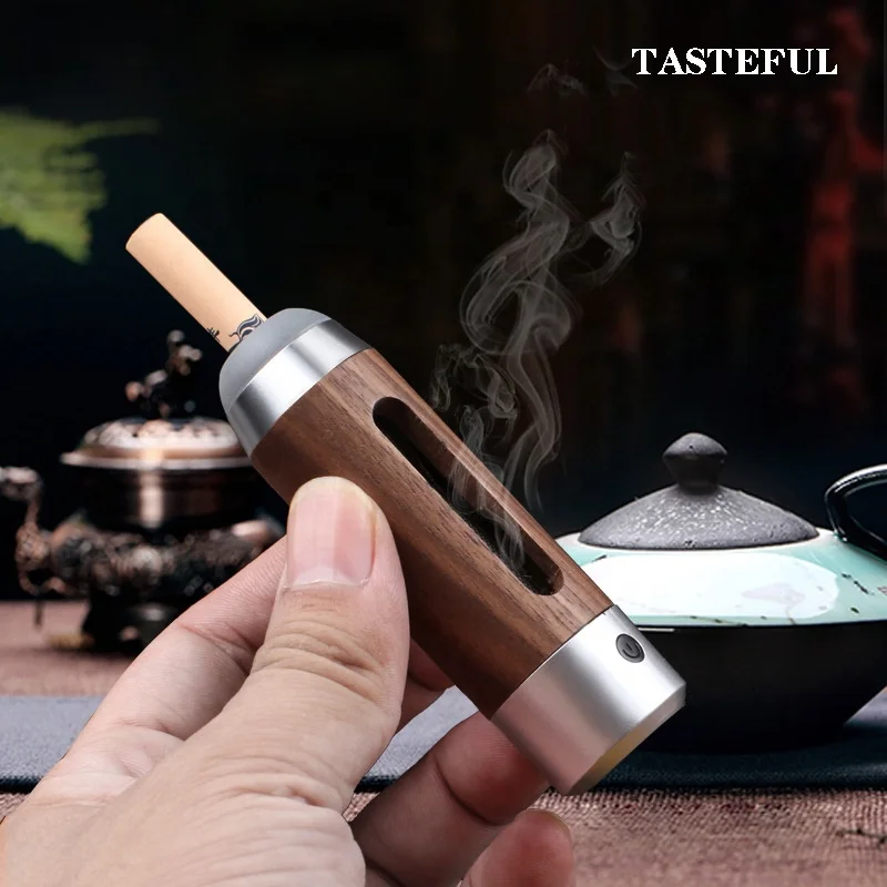 smokeless cigarette holder Popular Wooden Smokeless Smart Electric Ashtray With Lighter Cigarette  Holder for Car Men and Women Gift