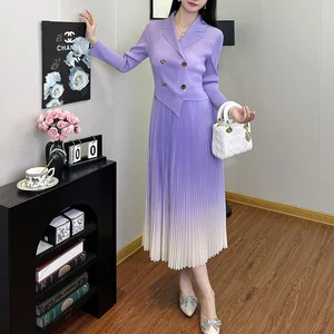 Women's Fashion Dress Pleated Print Gradient Color Stretch Office Dress Chic Casual Midi One Size Dress