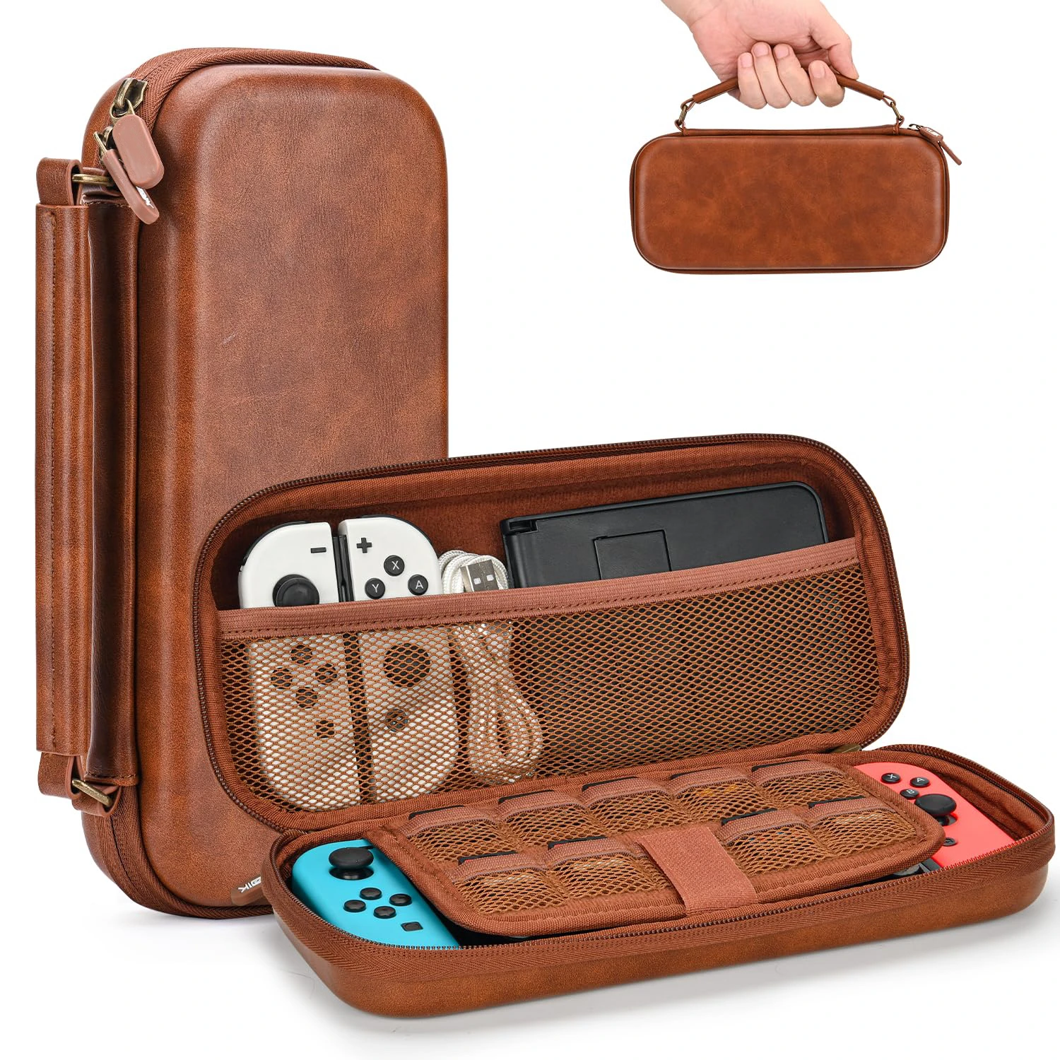 Case for Switch OLED PU Leather Portable Travel Bags with 9 Games Slots Protective Carrying Cases Genuine Leather