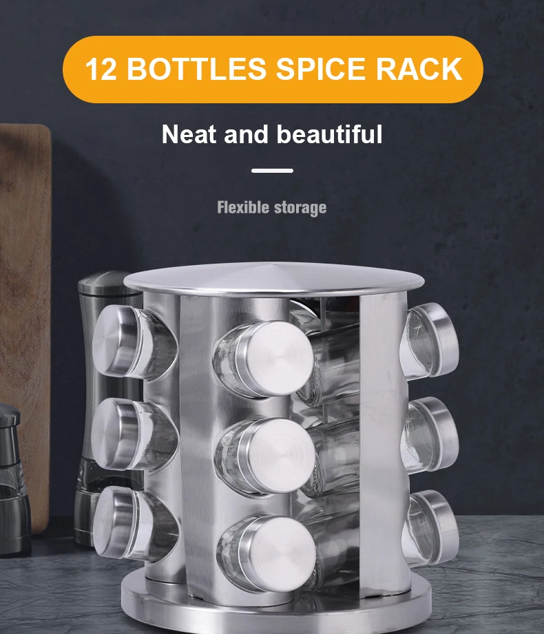 Portaspezie Girevole In Legno Con 12 Barattoli - Vetro Da 50ml, Base Rotante