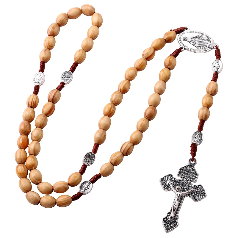 8*10mm Light Brown Wooden Beads Woven Knot Catholic Virgin Mary Rosary Charm Necklace Religious