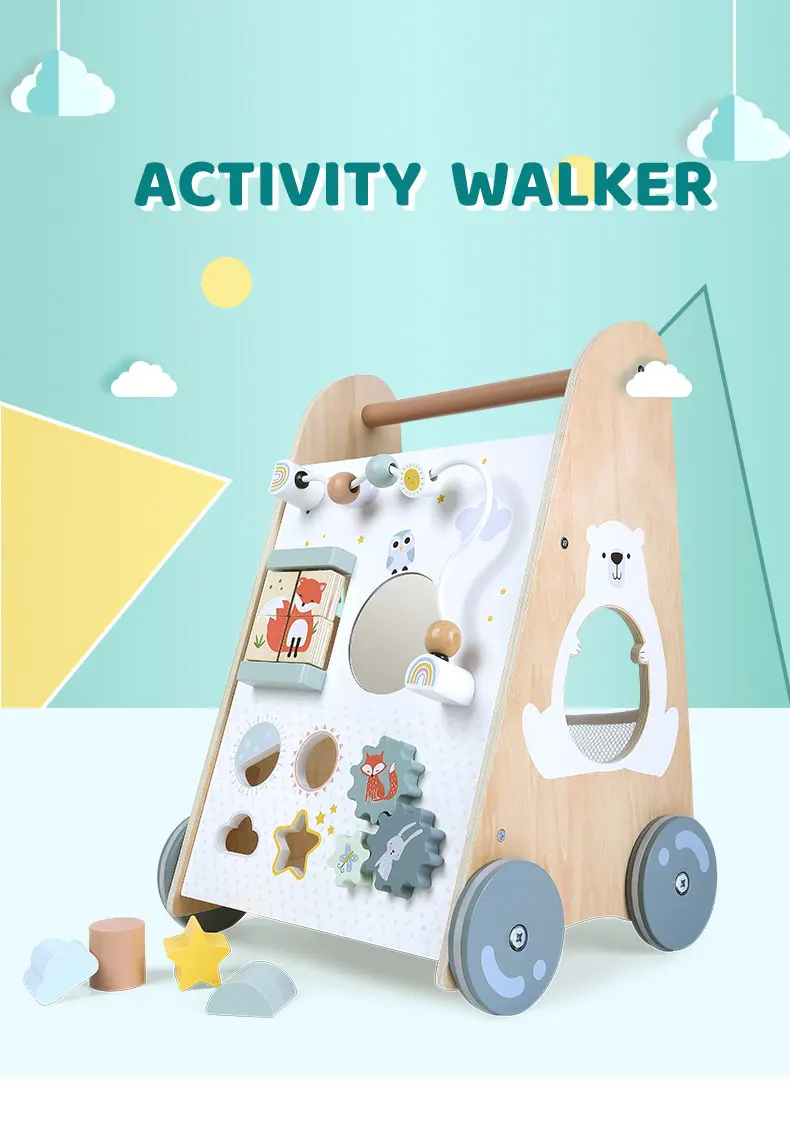 Montessori Safety Educational Wooden Kids Toys Roll Cart Toy Baby Activity Walker For Toddler