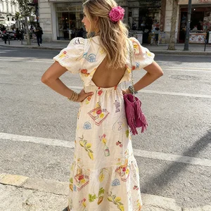 2026 New Summer Style Women Sexy Backless Boho Beach Maxi V-neck Elegant Print Casual Dress Large Size Dresses