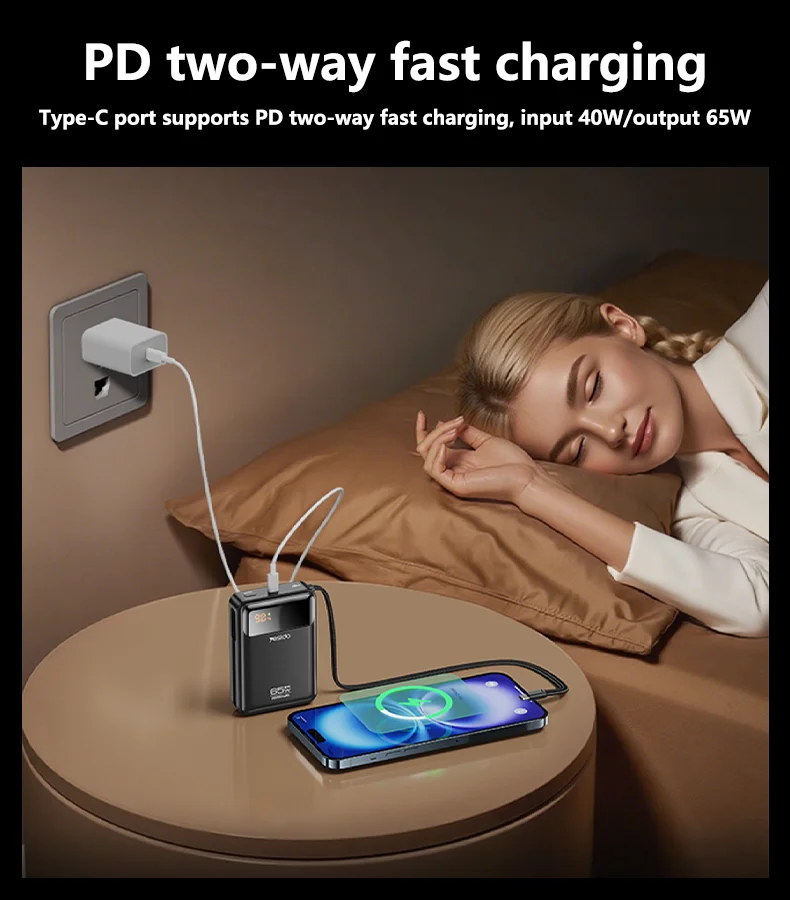 Yesido 20000mAh PD65W Fast Charging Digital Display With 40cm Long Type-C Cable Power Bank Rechargeable Notebook YP97