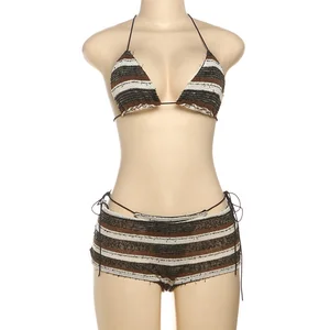 Viviblook Z506ST03 Summer New Women Sexy Halter Strap Lace up Striped Bikini 3 Piece Set Bikini Swimsuit Swimwear