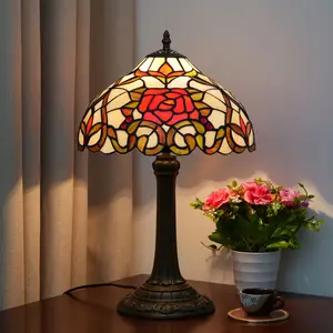 Zeal Lighting Vintage Rose Retro Desk Light tiffany Stained Glass Table Lamp for Bedroom Bedside Living Room