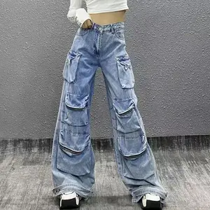 Women's Loose-Fitting Multi-Pocket Denim Overalls-Casual Summer Cargo Pants Mid Logo Boyfriend Jeans Style Wholesale Stock for