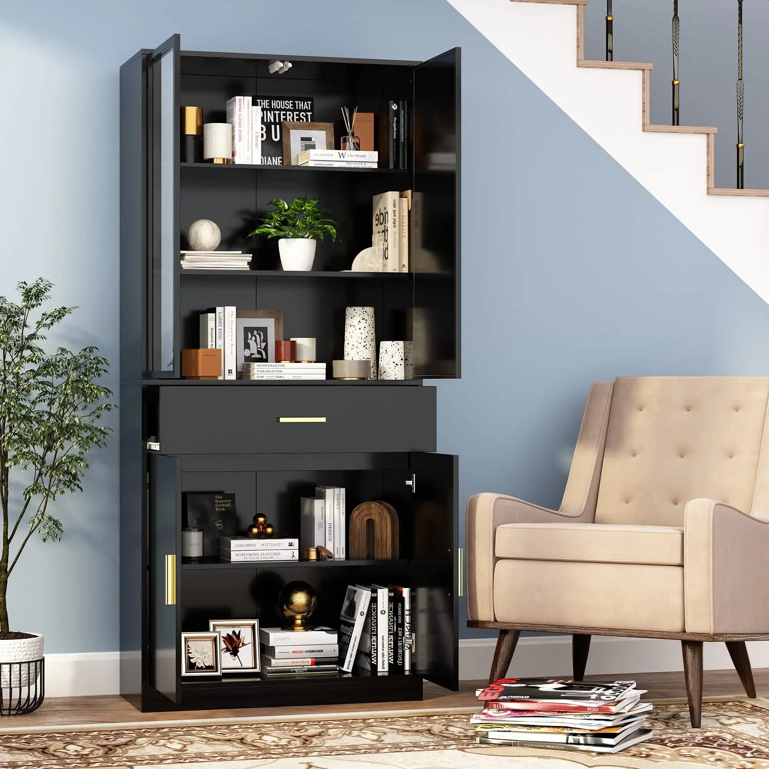 Freestanding Kitchen Pantry Storage Containers with Glass Door Wood Sideboard Buffet and Credenza for Dining Organization