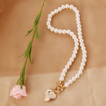 Strand White Pearl Necklace with Heart Charm Pendant OT Toggle Clasp Handmade Pearls Chain Choker Necklaces Jewelry