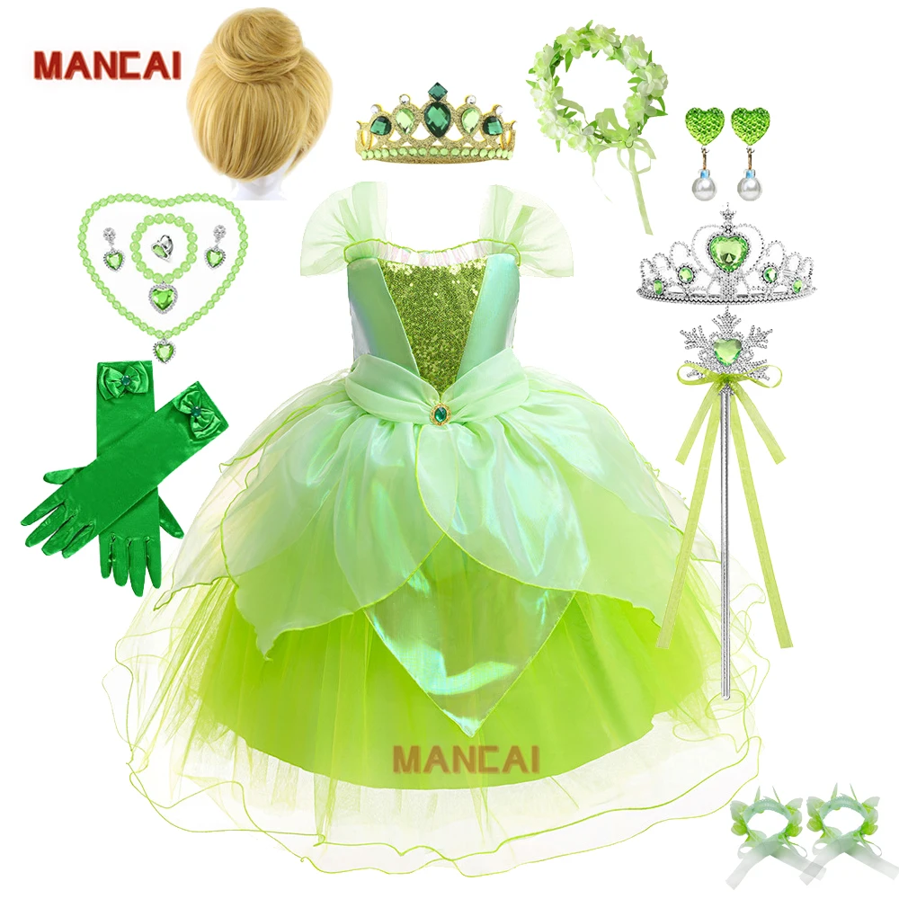 New Style Tiana Tinkerbell Princess Dress Fashionable Kids Dresses TV Movie  Green Fairy Tinker Bell for Halloween Christmas