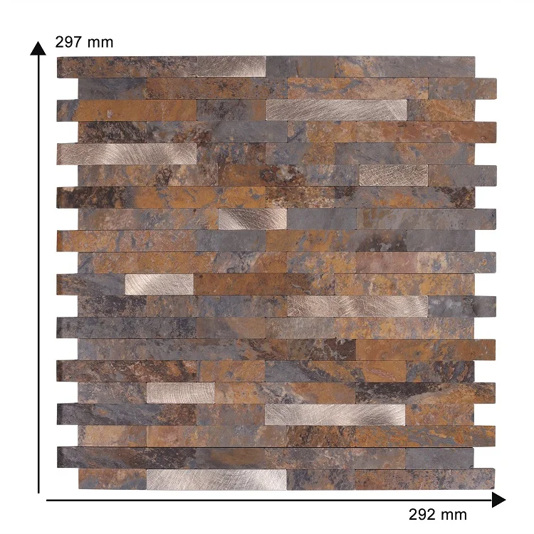 Diy Sheet Copper and Rock Composite Backsplash Decoration Metal and Stone Pattern PVC Mixed Peel and Stick Tile