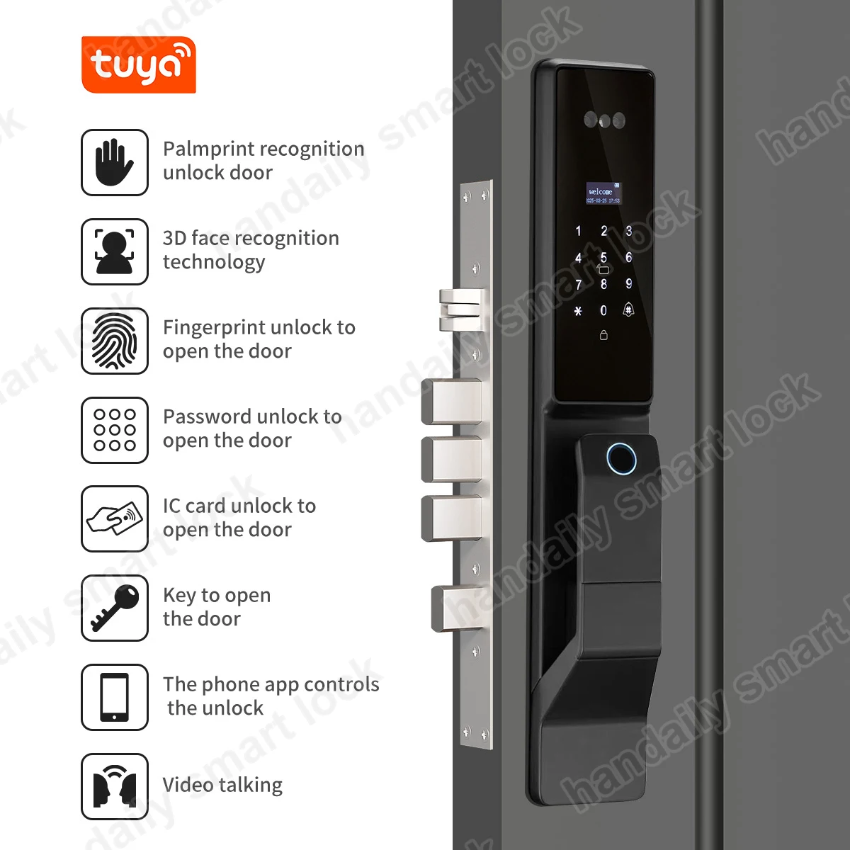 HanDaily Wholesale Automatic Fingerprint Tuya 3d Face Smart Door Lock for Front Door Digital Palm Vein Home Security Door Lock F888
