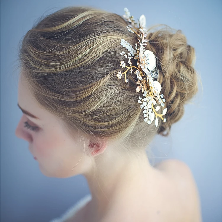 Hot Sale Handmade Metal Leaf Headdress Bridal Accessories Jewelry Wedding Crystal Opal Hair Combs