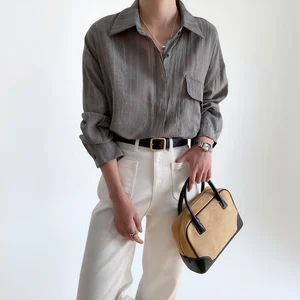 Custom Women's Gray Striped Linen Button- Down Shirt with Chest Pocket
