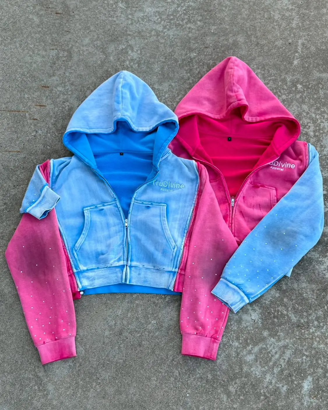 Clothing Manufacturers Good Quality 420 Gsm Streetwear Distressed Acid Wash Rhinestone Suit Cropped Zip up Hoodie gallery 3