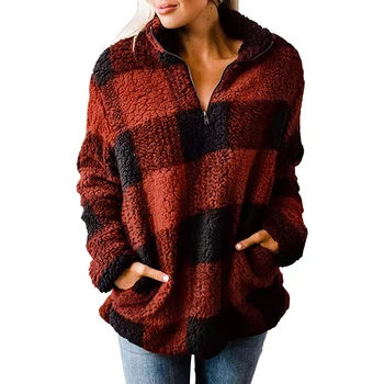 Custom jacket streetwear plaid thick quarter zip pullover windbreaker women fleece coat pullover
