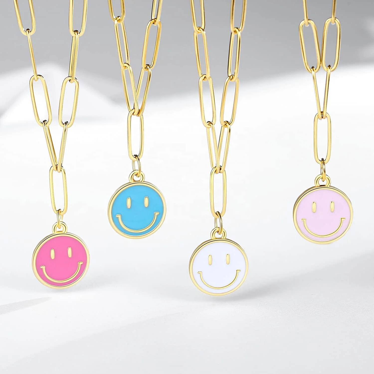 White Smiley Face Paperclip Necklaces, Gold Chain - Positive Happy Jewelry