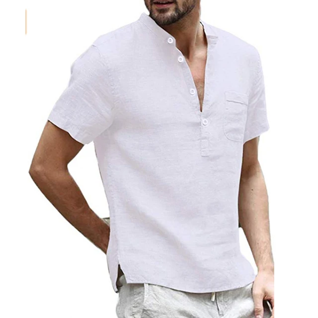 New design hot selling linen cotton casual plain henly solid color shorts sleeve shirts for men