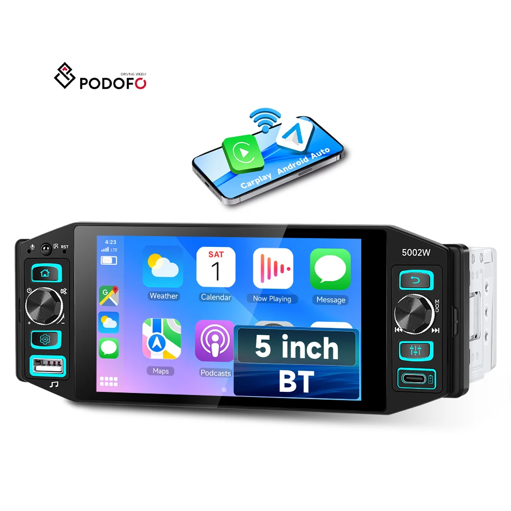 Podofo, 5″ сенсорний екран типу In-Cell, 1 Din, автостерео MP5, бездротовий CarPlay/Android Auto, регулювальний диск спереду, USB-порт типу C, FM/RDS, оригінальне обладнання, сертифікат CE, оптова реалізація, A4741