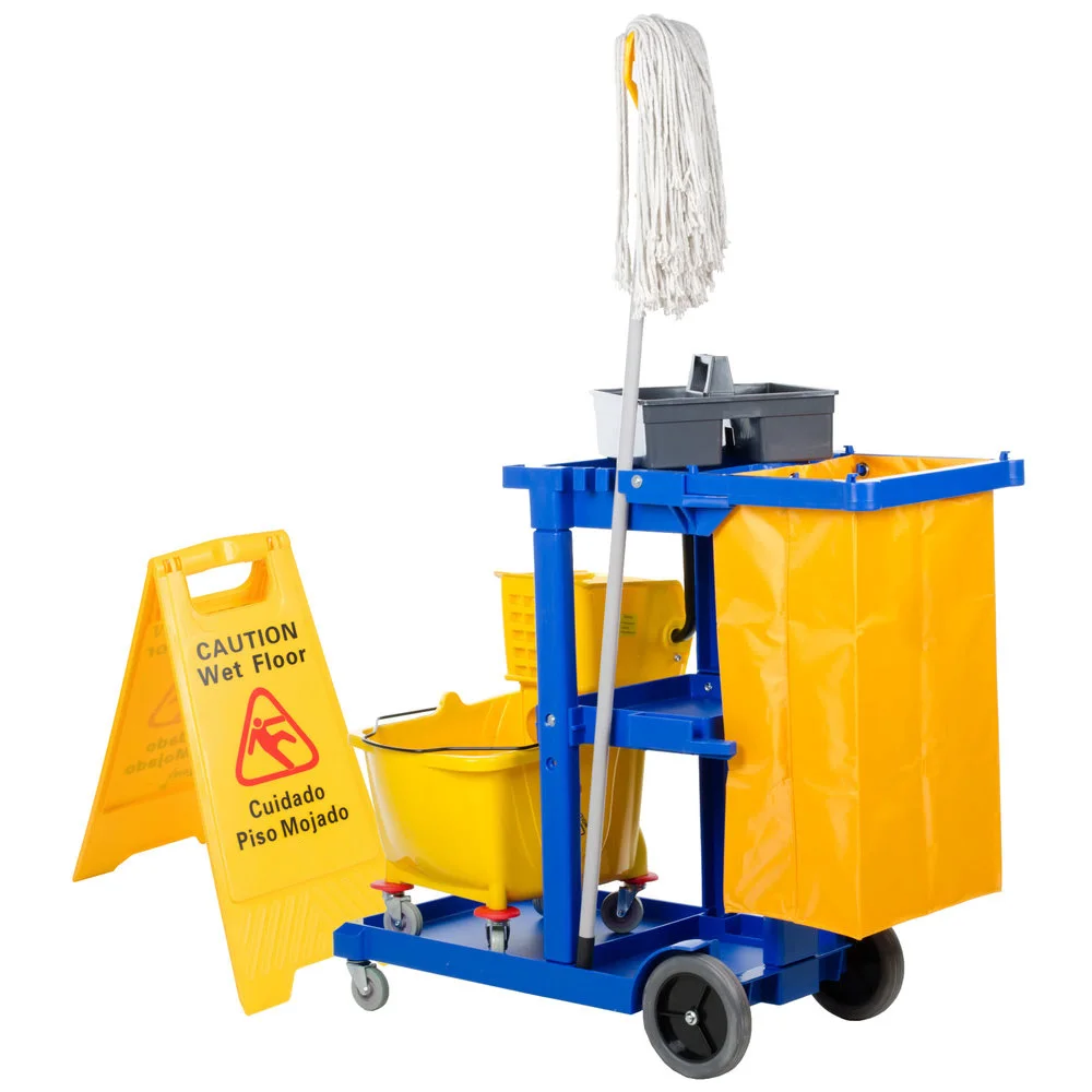 Lavex Blue Cleaning / Janitor Cart Kit with Yellow Mop Bucket, Wet Floor  Sign, Mop, and Caddy