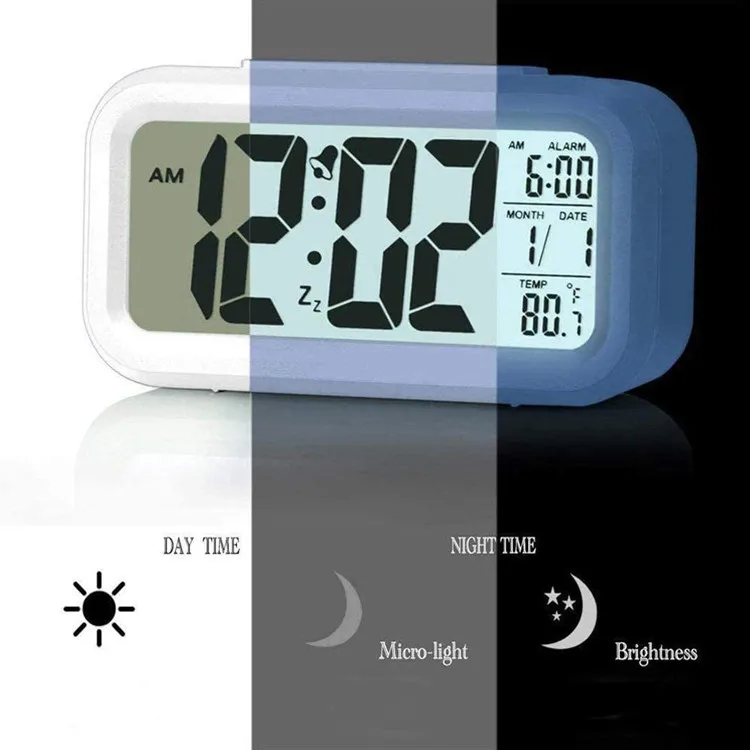 LCD  Display Digital Alarm Clock Battery Operated Smart Night Light Easy Operation Clock for Kids Heavy Sleepers Bedroom Clock