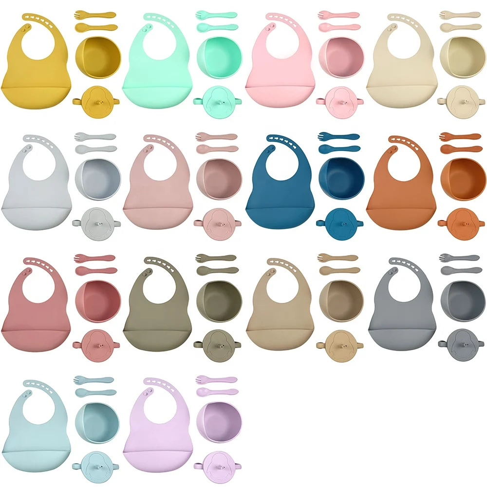 Toddler Tableware Feeding Set Bib Dinner Bowl Spoon Straw Cup 5 Piece Set Cutlery Silicone Baby Feeding Set Bowl