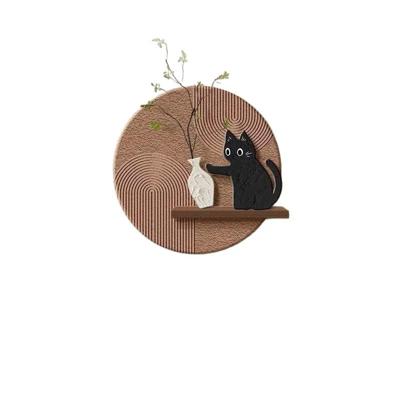 Round Textured Wall Decor With 3D Cats Wooden Shelf Minimalist Wabi Sabi Neutral Beige Home Living Room Kitchen Entryway