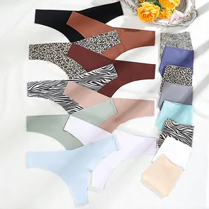 OEM/ODM Low-rise Leopard Bikini Traceless T Back Underwear G-stringTransparent No Show Ice Silk Thong Tanga Panties for Women
