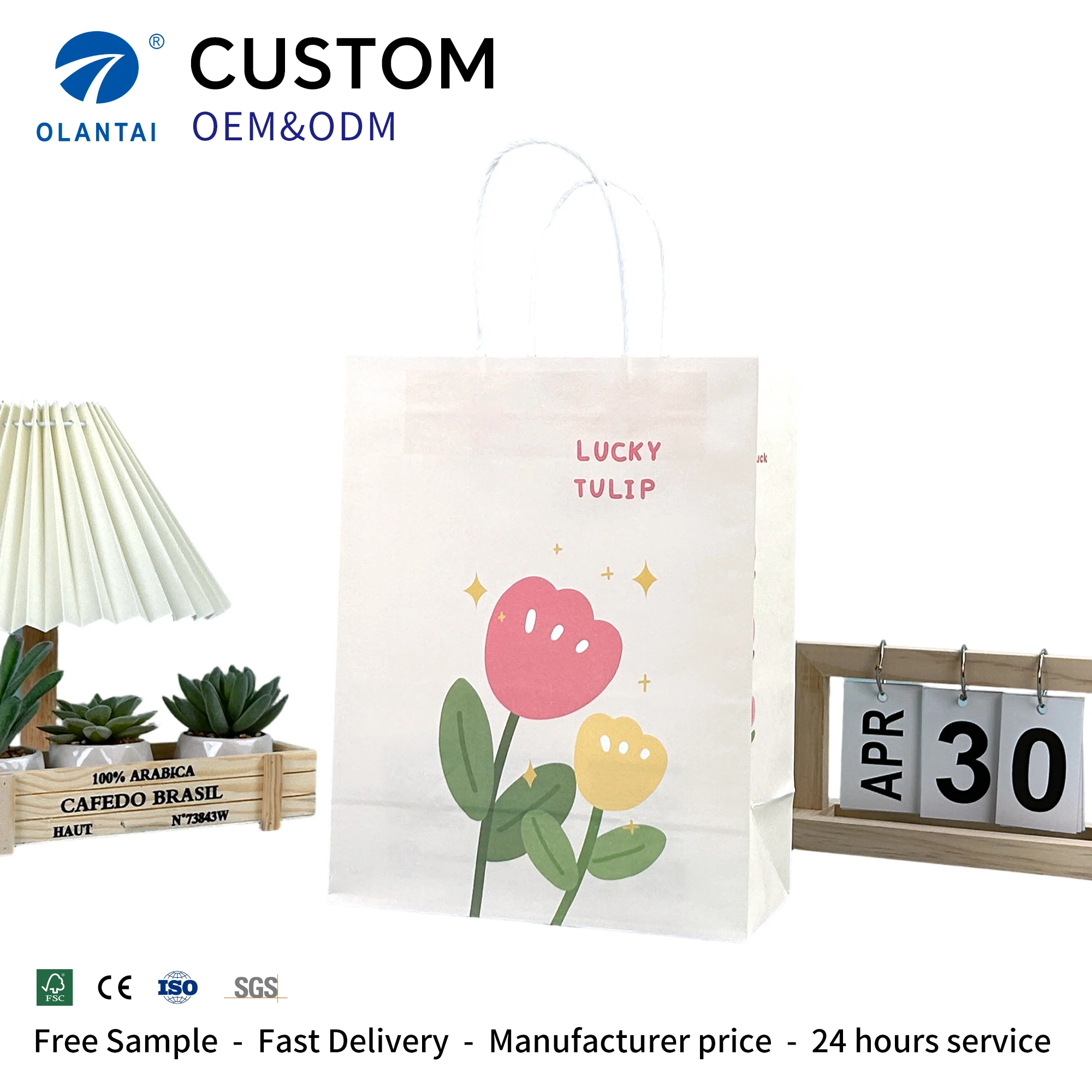 Custom Printed Logo Luxury Kraft Paper Bag Ribbon Handle Recyclable Durable Classic Style Food Packaging for Candle
