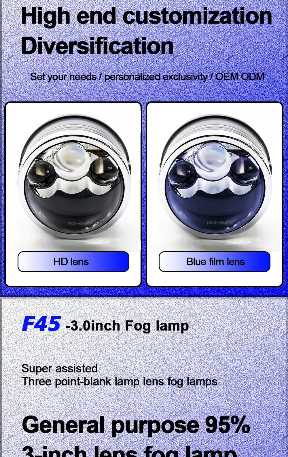 TECH-KING 75W Bi LED laser fog lights Tri-colors high power for car with 3 laser 3 inch Bi ed projector Lens Led Fog Bulbs