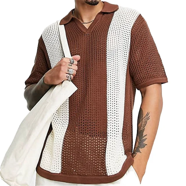 2024 New Casual Men's Polo T-Shirt Lace Knitted with Turtleneck and Short Sleeve Hollow out Design