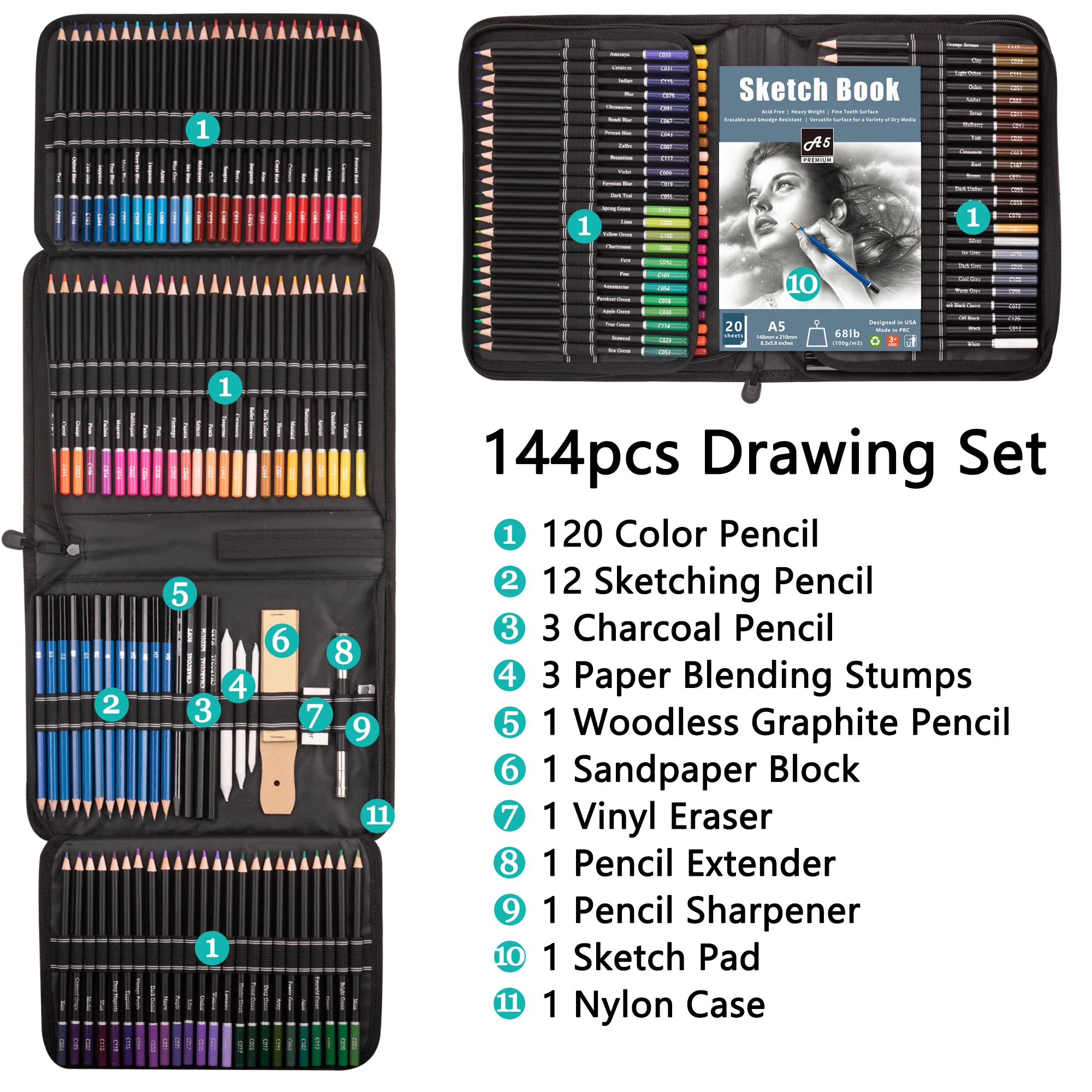 Professional 144 Colored Pencil Set in Nylon Case with 120 Color Pencils and Sketching and Drawing Accessories As Art Supplies