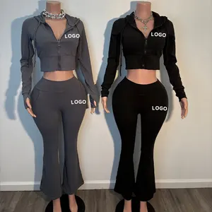 Huili New Arrival Slim Fit Stretch 2 Piece Flare Legging Pants Zip up Hooded Crop Top Outfits Women's Loungewear Activewear Sets