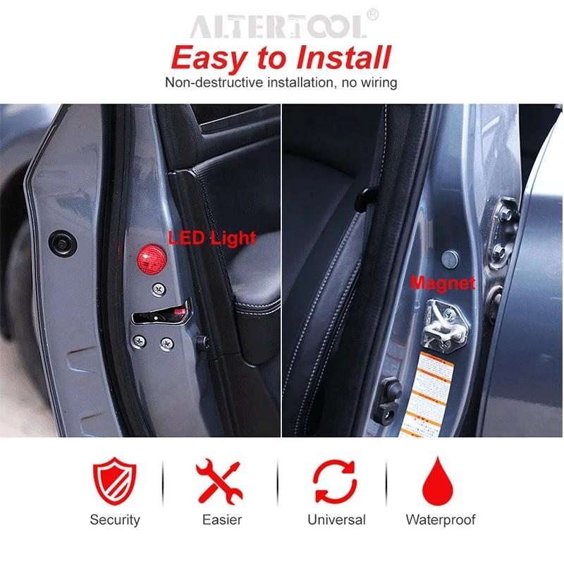 2x Feux D'Avertissement Porte Voiture LED - Étanche, Anti-Collision, Alimentation Pile CR2032 - Rouge