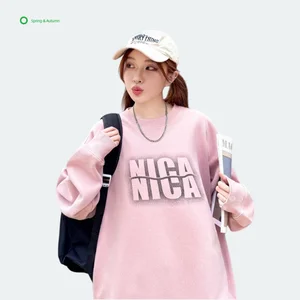 New Spring Autumn Girl's Crew Neck Solid Printed Knitted Breathable Quick Dry Regular Sleeve Casual Comfortable Loose Fit Front