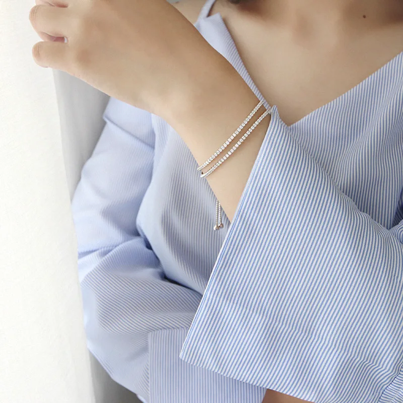 Real Sterling Silver Women Bracelets Clear Stone CZ  Double Layer Cup Chain Adjustable Tennis Bracelet Silver 925 Jewelry
